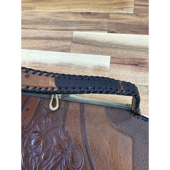 Antique Vintage Hand Tooled Brown Leather Purse Suede Lining Hand Strap - Picture 3 of 8